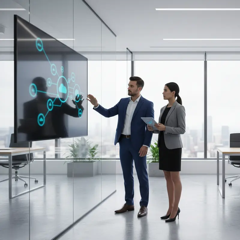 GMS cloud architects reviewing Azure architecture on a large display